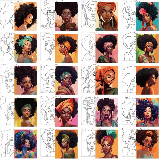 20 Pcs Stretched Pre Drawn Canvas Afro Queen Black Art(Vivid) {6}