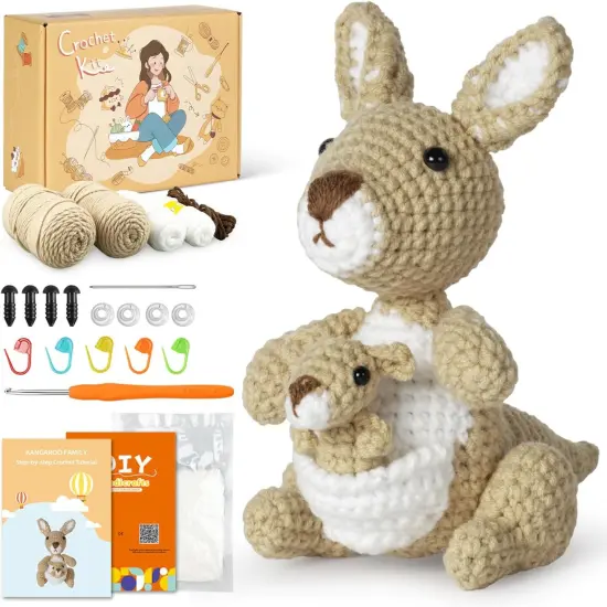 Beginner Crochet Kit - Animal Crochet Patterns, 40%+ Premium Yarn, Complete Crocheting Tools for Adults & Kids - DIY Craft Gift for Birthdays, Christmas (Kangaroo) {1}