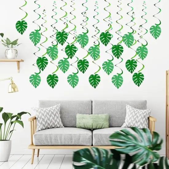 64 Pcs Hawaiian Luau Party Palm Leaves Swirl Party Decorations Hanging Ceiling Glitter Leaves Green Tropical Safari Jungle Party Decor for Easter Palm Sunday Summer Beach Birthday Baby Shower {4}