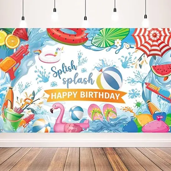 Summer Birthday Party Decorations, Splish Splash Happy Birthday Pool Party Banner, 71 x 43 Inches {1}