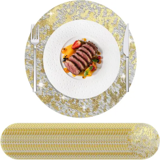 50 Pcs Disposable Gold Placemats Set Metallic 13 Inch Round Foil Mesh Pressed Table Doilies, Ultra-Thin Disposable Placement Mats for Home Decoration Dining Table Wedding Birthday Party {1}