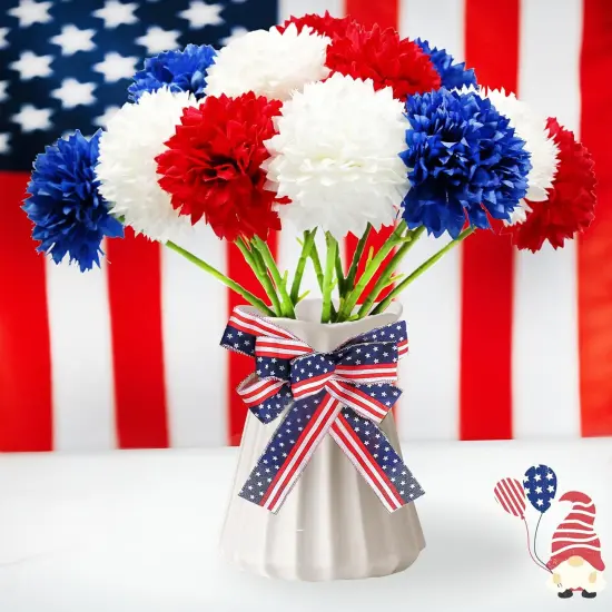 Artificial Flower Patriotic Bouquet Red White and Blue Faux Ball Chrysanthemum Centerpiece {2}