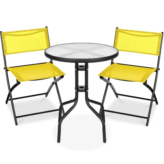 Best Choice Products 3-Piece Patio Bistro Dining Furniture Set w/ Round Textured Glass Tabletop, Folding Chairs Yellow {1}
