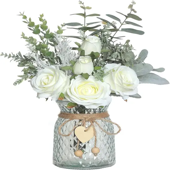 Faux Flowers with Vase,Artificial Silk Roses in Vase, Fake Plant Eucalyptus Flower Arrangement {1}