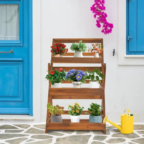 3-Tier Foldable Acacia Wood Plant Stand Display Rack {5}