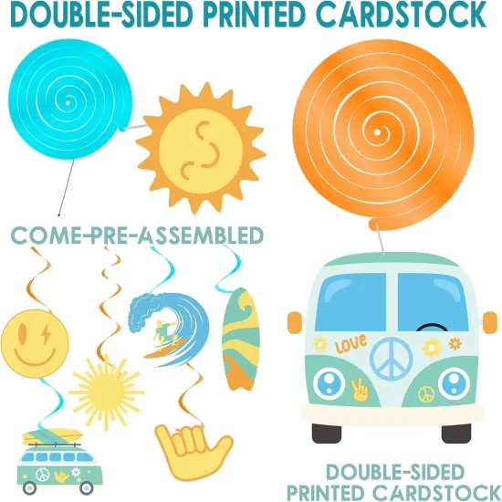 Boho Surfing Hanging Swirls 20PCS Hippie Surfing Party Hanging Decorations Retro Surf Ceiling Swirls Surf Themed Birthday Party Supplies for Groovy Summer Surfing {3}