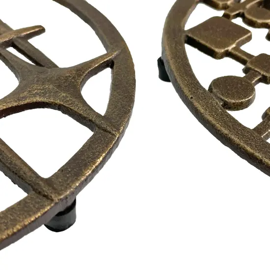 Set of 2 Cast Iron Trivets – Stars & Circles/Squares, Bronze, 8" MCM Style {4}