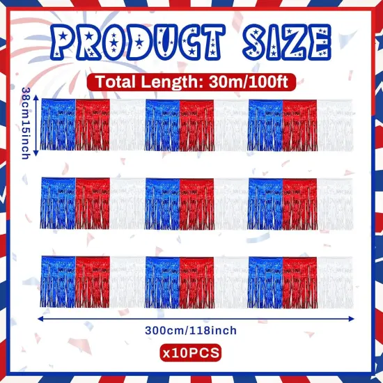10 Pcs Foil Patriotic Fringe for Fourth of July Decor 100 ft x 15 Inch Metallic Foil Fringe Curtains Party Backdrop Red Blue and White Parade Float Fringe for Independence Day Decorations {2}