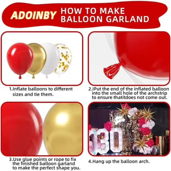Red and Gold White Balloon Garland Arch Kit, 187Pcs Explosion Star Balloons Red White Metallic Gold Confetti Latex Balloon {2}