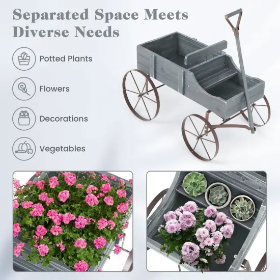 Wooden Garden Wagon Planter with Handle & Wheels Grey {2}