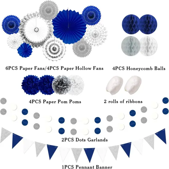 Navy Blue and Sliver Paper Fan Party Decoration {2}