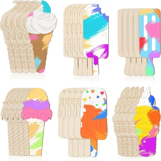 30 Pieces Ice Cream Wood Cutouts Crafts Bulk Color Your Own Ice Cream Cones Unfinished DIY Coloring Wooden Crafts Blank Wood Painting Kits for Summer {1}