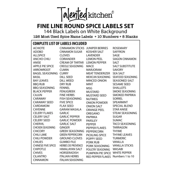 Talented Kitchen 144 Spice Labels Stickers, White Spice Jar Labels Preprinted for Spice Jar Lids, Seasoning Herbs Spice Rack Organization, Water Resistant, Black Minimalist (Round 1.5 In) {6}