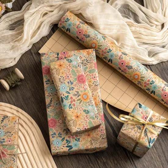 Colorful Floral Kraft Wrapping Paper Roll - 17Inch x 33Feet {5}