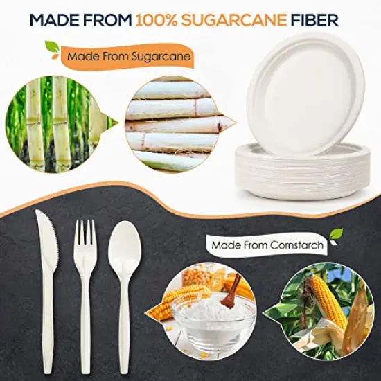 250 Pieces Compostable Paper Plates Disposable Plates Heavy-Duty Paper Plates Biodegradable White Plates for Party Sugarcane Plates Cornstarch Forks Knives Spoons for 50 Guests {5}