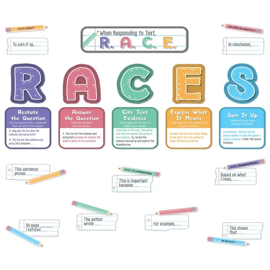 Carson Dellosa 37-Piece RACES Writing Process Bulletin Board Decorations Set, Pencil Cutouts, Sentence Strips, and Strategy Charts, ELA Classroom Decor and Teacher Supplies {1}