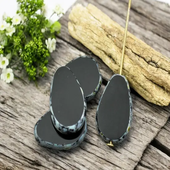 *8* 12x18mm Opaque Jet Black Travertine Table Cut Flat Teardrop Beads {1}