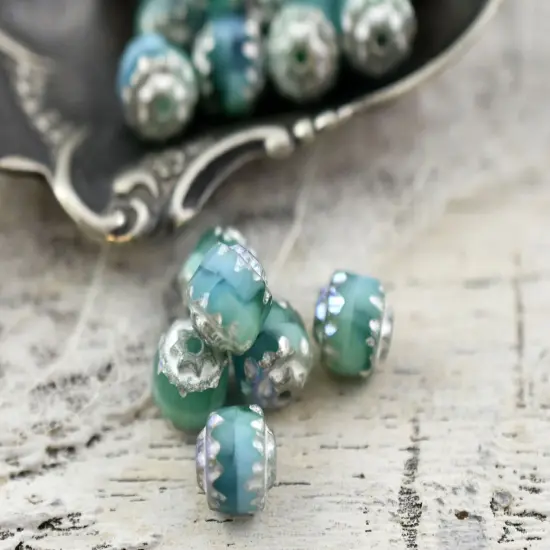 Antique Silver AB Washed Blended Turquoise Fire Polish Cathedral Beads {6}