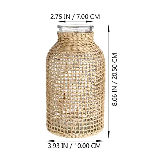 Boho Glass Flower Vase with Rattan Cover, Farmhouse Flower Bud Vase, Round Decorative Flower Vase Floral Container Flower Bottle for Floral Arrangements Housewarming Party Home Decor (L) {1}
