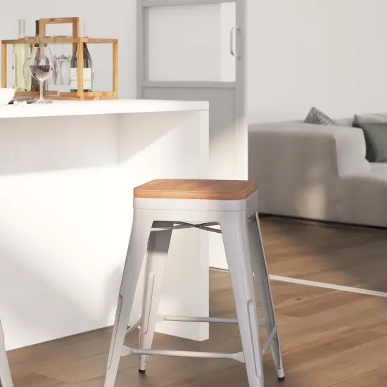 Merrick Lane Dalton Series Backless Metal Dining Stool with Wooden Seat for Indoor Use Silver {3}