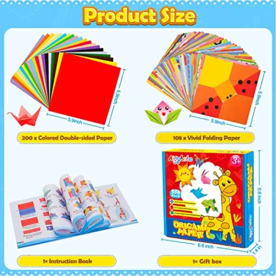 308 Pieces Origami Paper Set, 308PCS Kids Craft Paper Kit with Instructional Book for Girls Age 6,7,8,9,10,11,12, Art Projects Supplies for School Class Craft Lessons- Christmas Gifts for Boys&Girls {1}