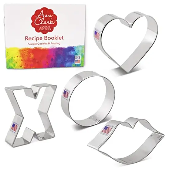 4 Pieces Valentines Cookie Cutters Set Made in the USA by Ann Clark, Lips, Heart, X, and O {1}