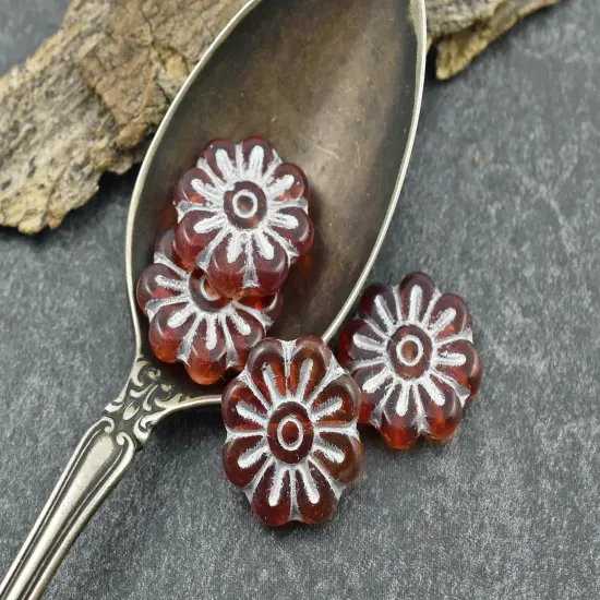 *6* 18mm Silver Washed Ruby Red Daisy Flower Beads {5}