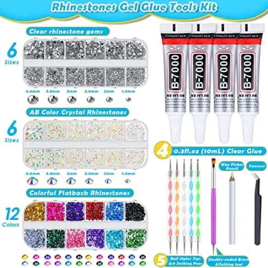 4500 Pieces B7000 Jewelry Glue with Rhinestones for Crafts, Rhinestones with Gems Adhesive for Shoes Cloth Fabric with Picker Pencil for Crafting Diamond Painting Graduation Cap Decorations {1}