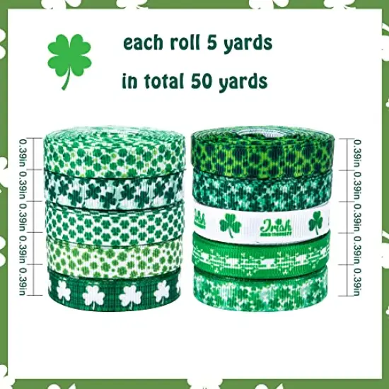 50 Yards Shamrocks Clover Grosgrain Ribbon for St. Patrick's Day Gift Wrapping Wreath DIY Craft and Sewing {1}