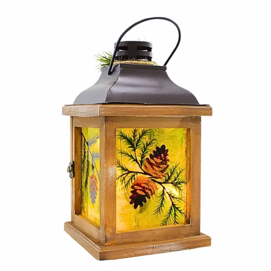 Stony Creek 10.5 Inch Whispering Pines Pre-Lit Lantern Thanksgiving Lighted Glass Accent , Christmas Decor Pine Cones Greenery Multicolored {3}