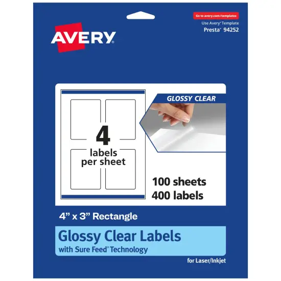 Avery Glossy Clear Rectangle Labels with Sure Feed, 4" x 3" {1}