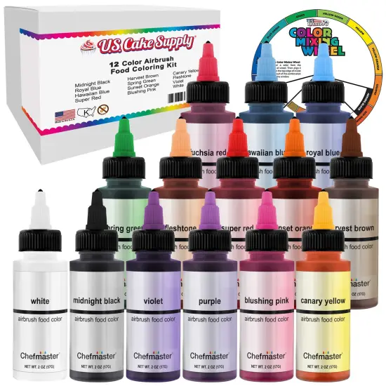 2-Ounce 12-Color Airbrush Cake Color Kit with USA Color Mixing Wheel {1}