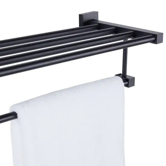 Matte Black Towel Shelf with Bar, 24 Inch Wall Mounted Rack for Bathroom {7}