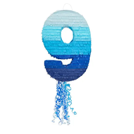 Number 9 Pull String Pinata for Boys 9th Birthday Party, Ombre Blue (16.5 x 11.35 x 3 in) {6}