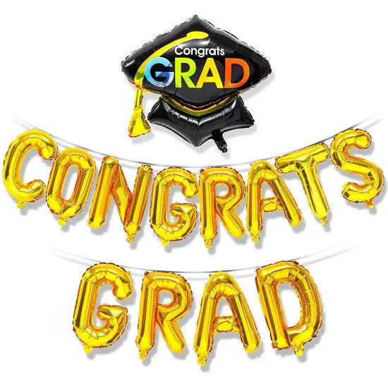 Congrats Grad Balloon Banner - Shiny Gold Balloons for Graduation Party Decorations, Class of 2025, 16 Inch {1}