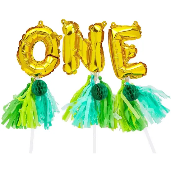 Mini ONE Balloon Cake Topper Letters, 1st Birthday Party Jungle Safari D&eacute;cor Gold {1}