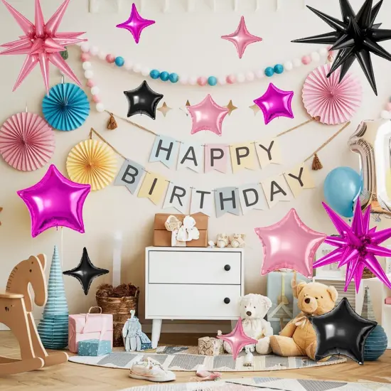 16 Pcs Black Hot Pink Star Balloons(Black Hot Pink) {4}