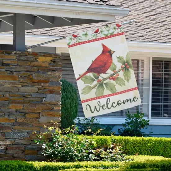Northlight Cardinal on Holly and Berry Branch "Welcome" Christmas Outdoor House Flag - 28" x 40" Beige {4}