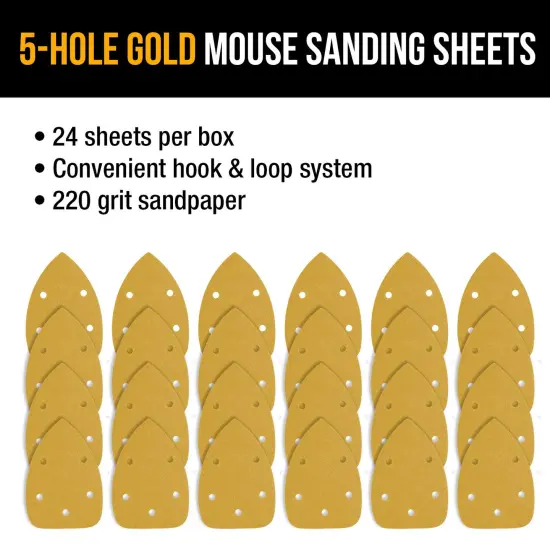 220 Grit - 5-Hole Pattern Hook & Loop Sanding Sheets for Mouse Sanders - Box of 24 {4}
