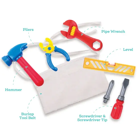 Nothing But Fun Toys: Let's Play - Tool Belt - 8pc Pretend Play Toy Set, Adjustable Canvas Belt & Tools, Hammer-Wrench-Pliers & More, Kids-Toddlers 2+ {4}