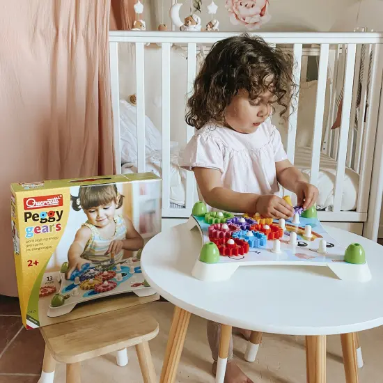 Quercetti: Peggy Gears - 13pc Interactive Cogwheel Construction Toy, Peg Board, 2-Sided Cards w/ 6 Scenes, Preschool Educational Play, Toddler-Kids 2+ {7}