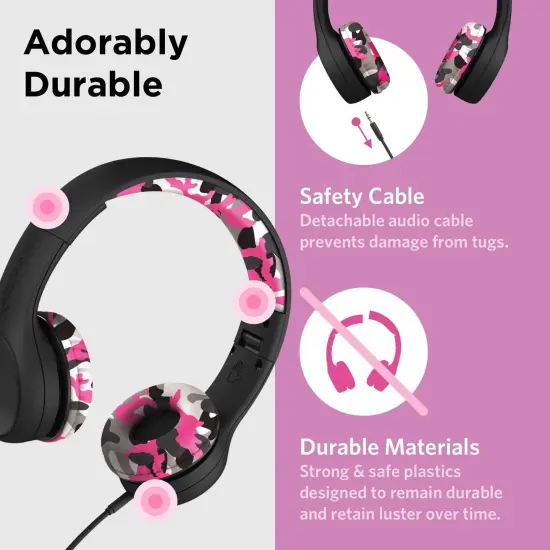LilGadgets Connect+ Style On-Ear Kids Headphones with Microphone - SharePort Technology, SoftTouch Padding, Detachable Cable, Noise Reduction, Durable & Adjustable - Pink Camo Multicolor {3}