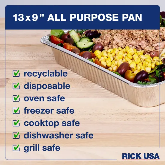 RICK USA: 13x9" All Purpose Pan - 25 Pack - Disposable Aluminum Foil, Multi-Purpose Baking-Cooking, Durable, Grill-Oven-Freezer-Dishwasher, Recyclable {5}