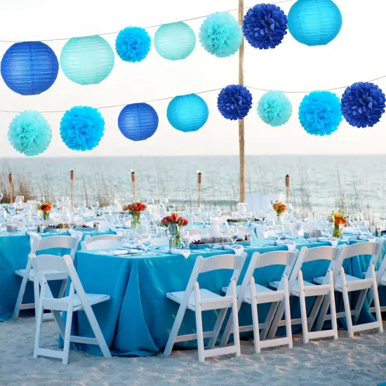 Blue Hanging Party pom pom Set, Paper Flowers Pom Poms Balls and Paper Lanterns for Under The Sea Party Decorations Wedding Birthday Bridal Baby Shower Graduation, 15pcs {5}