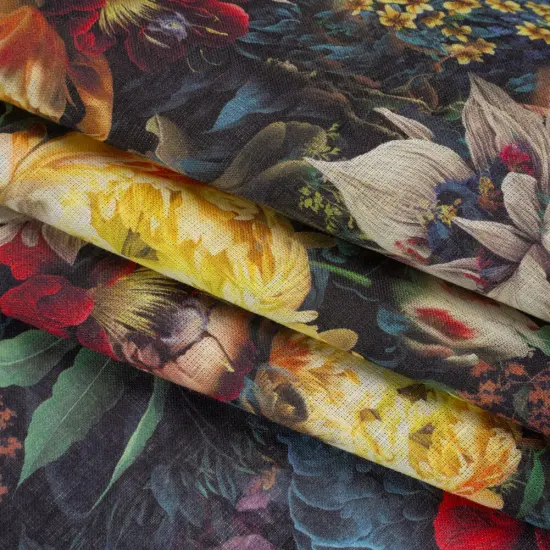 1 Yard Yellow Red Dark Green Linen Fabric Medium Weight Mythical Garden 58 inch Width {4}