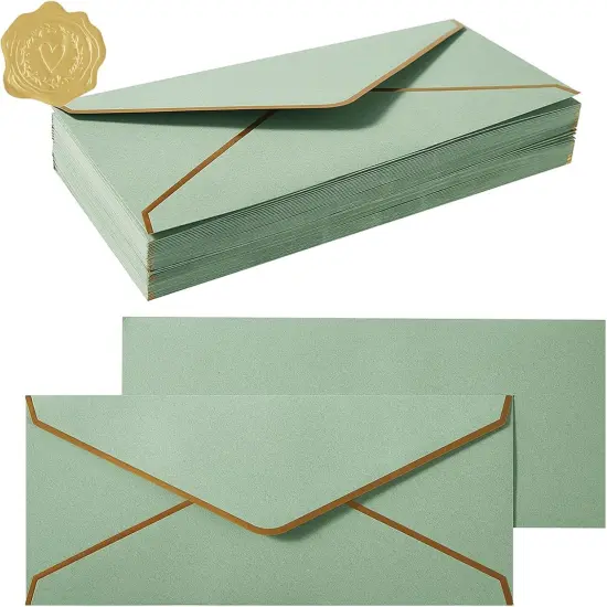 50 Pack #10 Business Envelopes with Gold Border, Self Seal Standard Envelopes with Gold Stickers for Office, Checks, Letter Mailing, Invoices, 4 1/8 x 9 1/2 Inches (Sage-Green) {1}