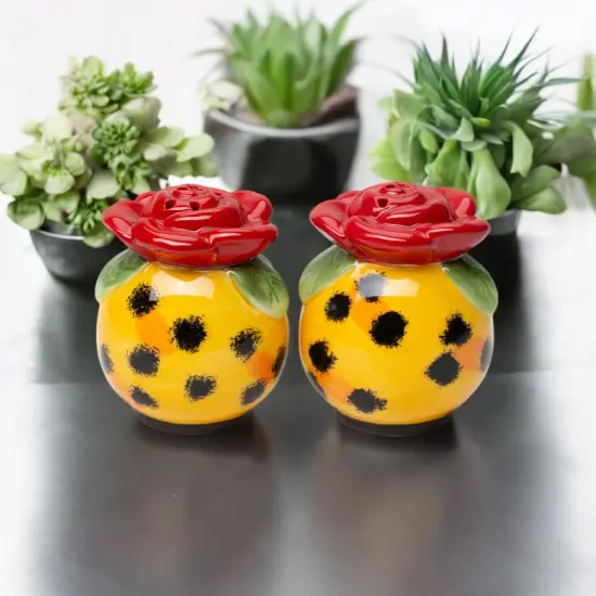 Ceramic Leopard Print With Rose Salt and Pepper Shakers, Kitchen Decor, Gift for Her {1}