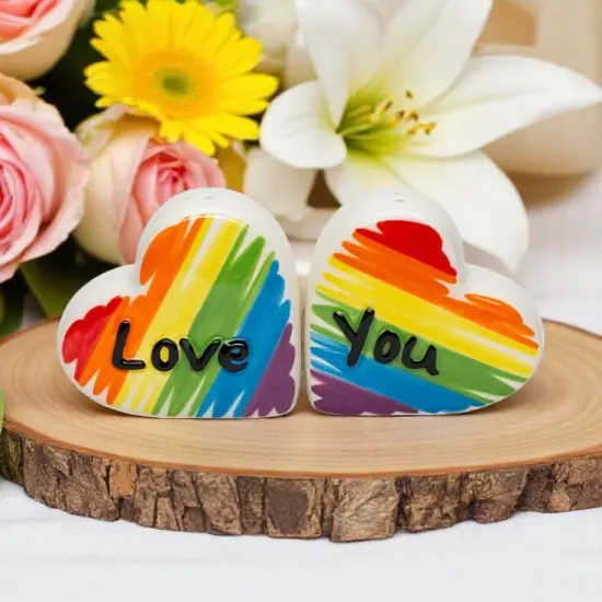 Ceramic Rainbow Hearts Salt and Pepper Shakers, Kitchen Decor, Pride Month Decor {1}
