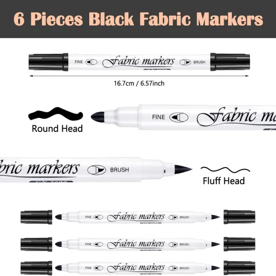 6 Pcs Fabric Markers for Clothes Fabric Paint Markers Permanent Dual Fabric Paint Pens Kit No Bleed DIY Fabric Double Ended Art Pens for Costumes, T Shirt, Clothes, Bags(Black) {2}