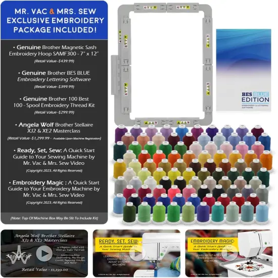 Brother Stellaire Innov-&iacute;s XJ2 Sewing + Embroidery Machine, 14" x 9.5" Field Size - Includes BES Lettering Software + Brother Best 100 Thread Kit + Magnetic SAMF300 Hoop + Embroidery Magic Video {2}